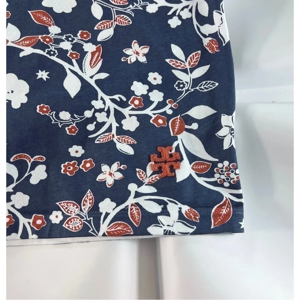 Tory Burch Womens Sz S Blue Floral Print Embroidered Logo Tee T-Shirt Top Blouse